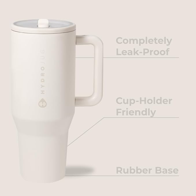 HydroJug Traveler - 40 oz Water Bottle with Handle & Flip Straw - Fits in Cup Holder, Leak Resistant Tumbler-Reusable Insulated Stainless Steel & Rubber Base - Gifts for Women & Men, Cream - Image 2