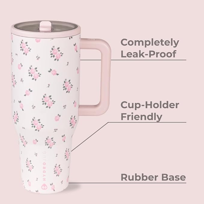 HydroJug Traveler - 40 oz Water Bottle with Handle & Flip Straw - Fits in Cup Holder, Leak Resistant Tumbler-Reusable Insulated Stainless Steel & Rubber Base - Gifts for Women & Men, Wildrose - Image 2
