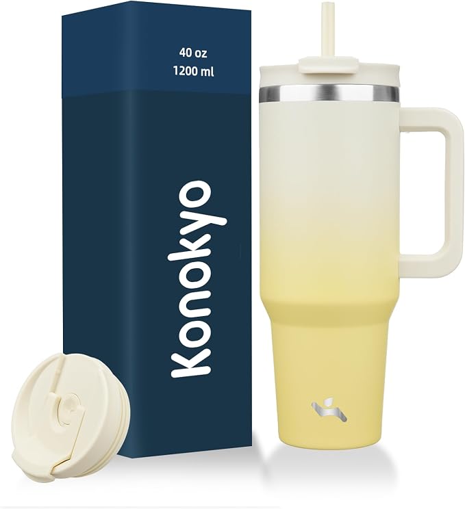 40 oz Tumbler with Handle and 2 Straws,2 in 1 Lid Insulated Water Bottle Stainless Steel Travel Coffee Mug,Lemon by Konokyo
