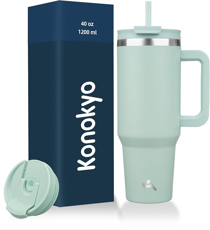 40 oz Tumbler with Handle and 2 Straws,2 in 1 Lid Insulated Water Bottle Stainless Steel Travel Coffee Mug,Retro Green by Konokyo