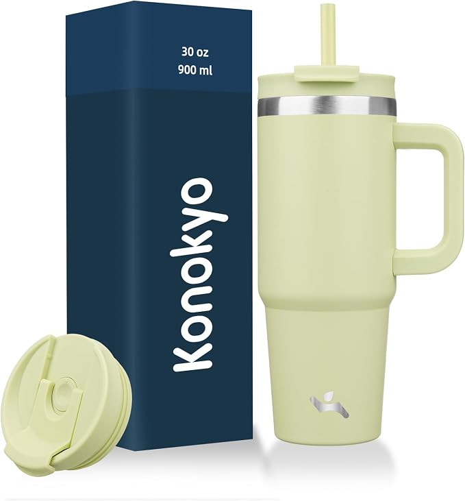 30 oz Tumbler with Handle and 2 Straws,2 in 1 Lid Insulated Water Bottle Stainless Steel Travel Coffee Mug,Macaron Green by Konokyo