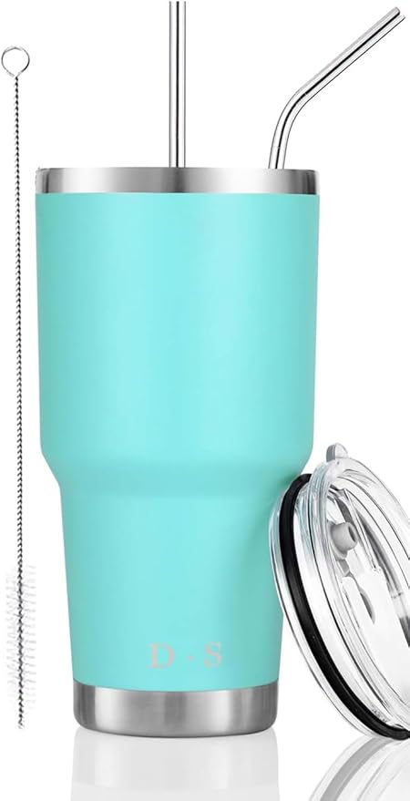 D·S 30oz Mint Tumbler Stainless Steel Double Wall Vacuum Insulated Mug with Straw and Lid, Cleaning Brush for Cold and Hot Beverages by D%C2%B7STUMBLER