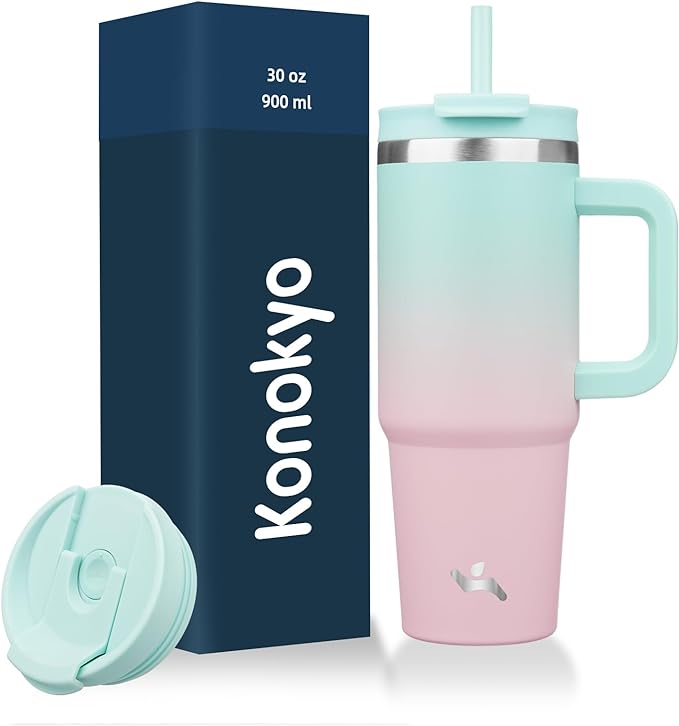 30 oz Tumbler with Handle and 2 Straws,2 in 1 Lid Insulated Water Bottle Stainless Steel Travel Coffee Mug,Gum by Konokyo