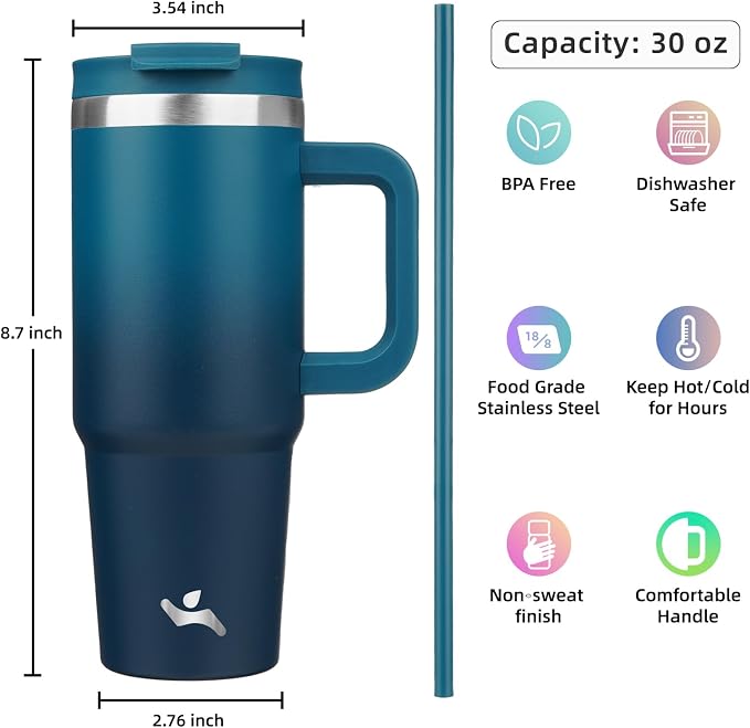 30 oz Tumbler with Handle and 2 Straws,2 in 1 Lid Insulated Water Bottle Stainless Steel Travel Coffee Mug,Indigo Black - Image 4