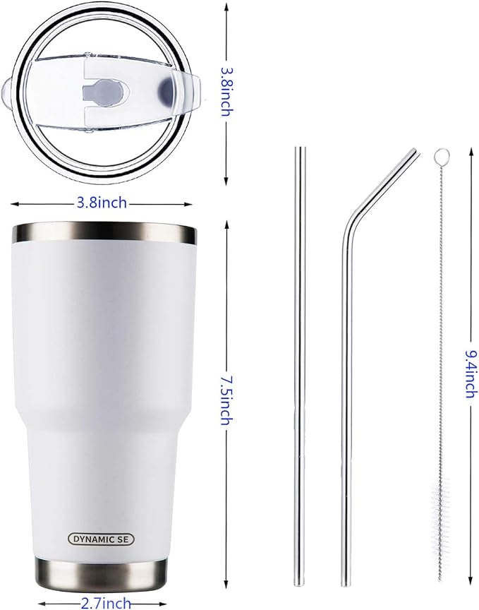 D·S 30oz White Tumbler Stainless Steel Double Wall Vacuum Insulated Mug with Straw and Lid, Cleaning Brush for Cold and Hot Beverages (30oz White) - Image 2