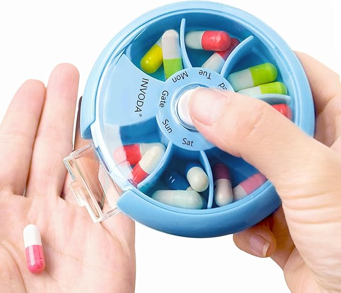12PCS INVODA Weekly Pill Organizer 7 Compartment Rotating Pill Box - Image 4