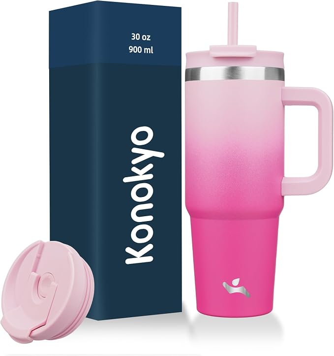 30 oz Tumbler with Handle and 2 Straws,2 in 1 Lid Insulated Water Bottle Stainless Steel Travel Coffee Mug,Cherry Blossoms by Konokyo