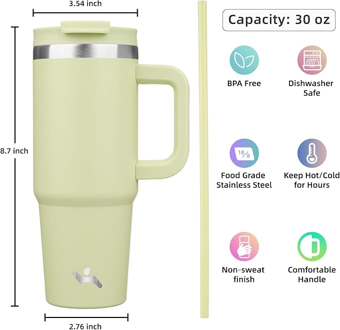 30 oz Tumbler with Handle and 2 Straws,2 in 1 Lid Insulated Water Bottle Stainless Steel Travel Coffee Mug,Macaron Green - Image 4