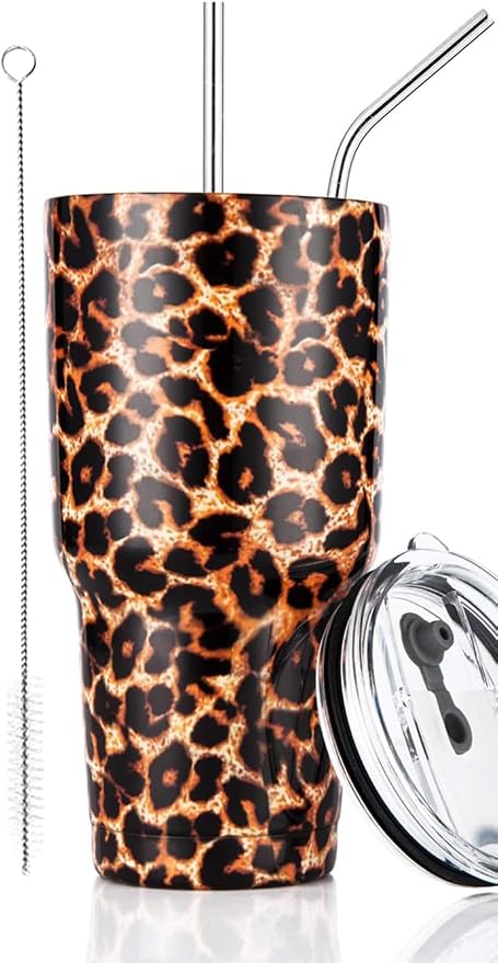 30oz Leopard Tumbler Stainless Steel Insulated Travel Mug with Straw Lid Cleaning Brush (30 oz Leopard), 1 Count (Pack of 1) by D%C2%B7STUMBLER