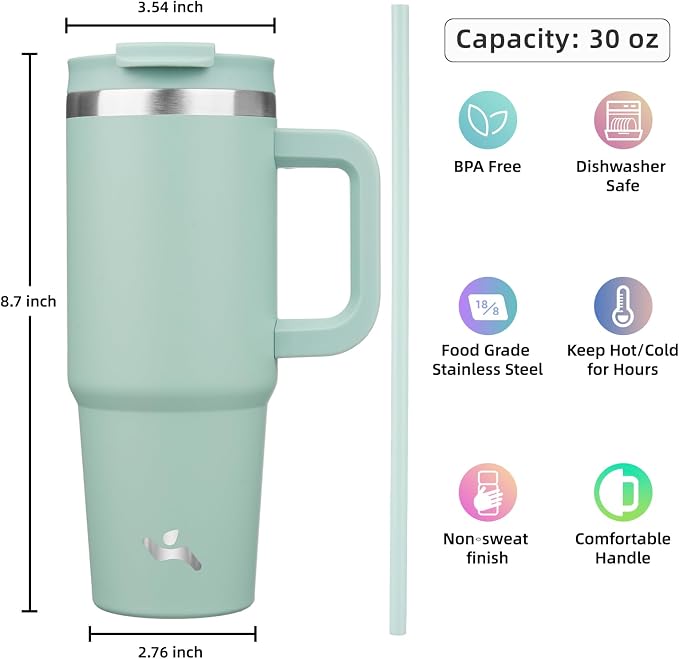 30 oz Tumbler with Handle and 2 Straws,2 in 1 Lid Insulated Water Bottle Stainless Steel Travel Coffee Mug,Retro Green - Image 4