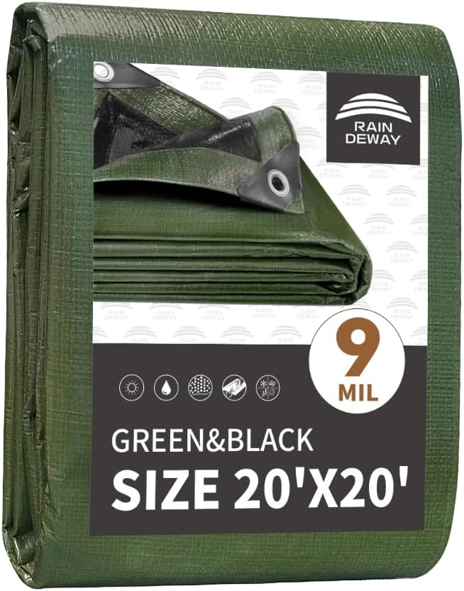 20x20 Feet Tarp Waterproof, 9Mil Thick, Finished Size Tarps, UV Resistant by RAINDEWAY