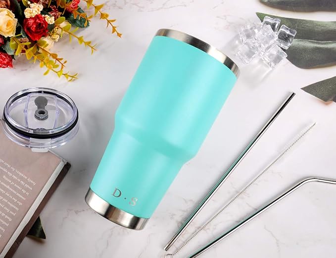 D·S 30oz Mint Tumbler Stainless Steel Double Wall Vacuum Insulated Mug with Straw and Lid, Cleaning Brush for Cold and Hot Beverages - Image 5