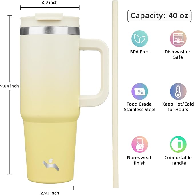 40 oz Tumbler with Handle and 2 Straws,2 in 1 Lid Insulated Water Bottle Stainless Steel Travel Coffee Mug,Lemon - Image 4
