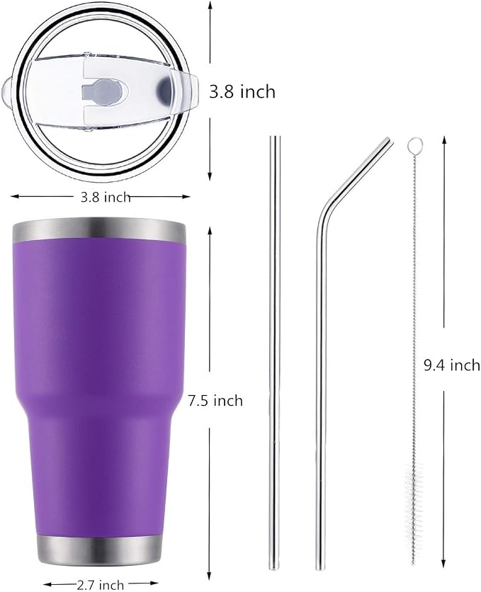 D·S 30oz Purple Tumbler Stainless Steel Double Wall Vacuum Insulated Mug with Straw and Lid, Cleaning Brush for Cold and Hot Beverages (30oz Purple)… - Image 3