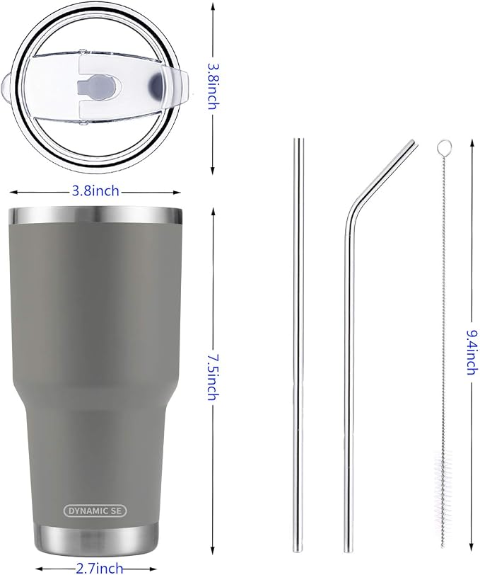 D·S 30oz Grey Tumbler Stainless Steel Insulated Travel Mug with Straw Lid Cleaning Brush (30oz Grey) - Image 3