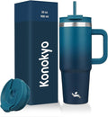 30 oz Tumbler with Handle and 2 Straws,2 in 1 Lid Insulated Water Bottle Stainless Steel Travel Coffee Mug,Indigo Black by Konokyo