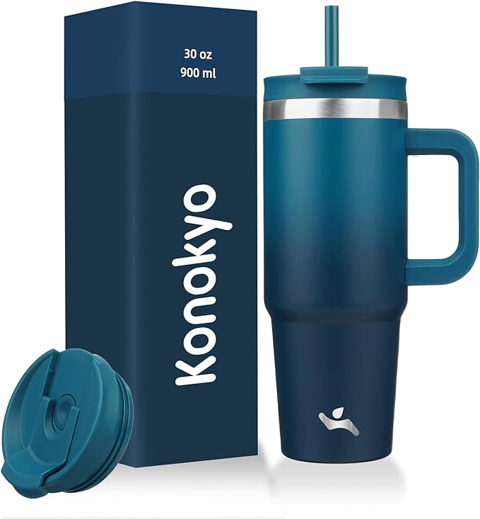 30 oz Tumbler with Handle and 2 Straws,2 in 1 Lid Insulated Water Bottle Stainless Steel Travel Coffee Mug,Indigo Black by Konokyo