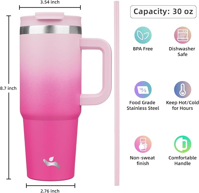 30 oz Tumbler with Handle and 2 Straws,2 in 1 Lid Insulated Water Bottle Stainless Steel Travel Coffee Mug,Cherry Blossoms - Image 4