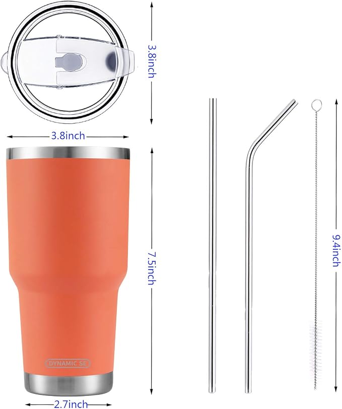 D·S 30oz Orange Tumbler Stainless Steel Insulated Travel Mug with Straw Lid Cleaning Brush (30oz Orange) - Image 3