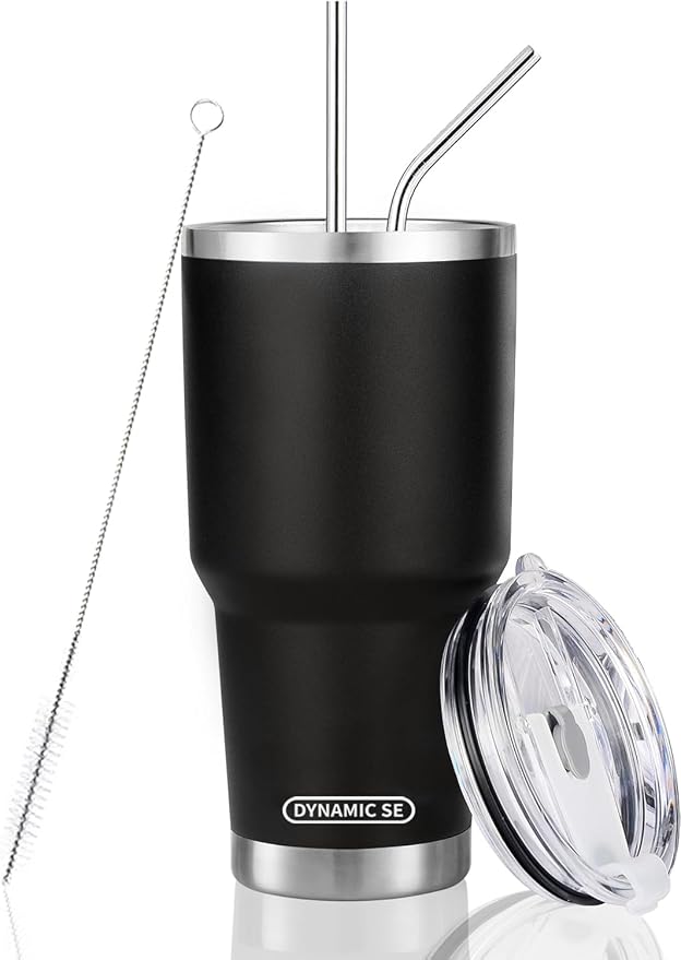 D·S 30 oz Black Tumbler Stainless Steel Double Wall Vacuum Insulated Mug with Straw and Lid, Cleaning Brush for Cold and Hot Beverages by D%C2%B7STUMBLER