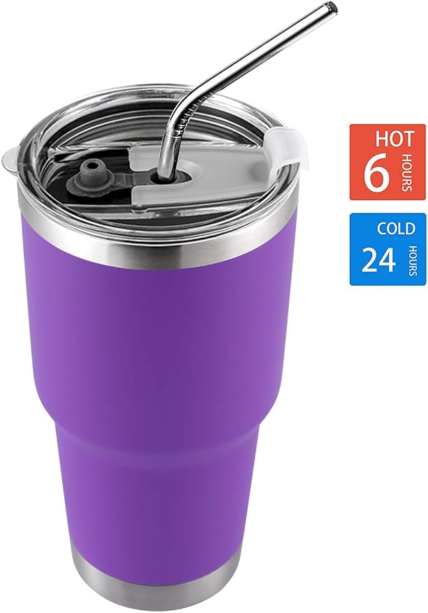 D·S 30oz Purple Tumbler Stainless Steel Double Wall Vacuum Insulated Mug with Straw and Lid, Cleaning Brush for Cold and Hot Beverages (30oz Purple)… - Image 5