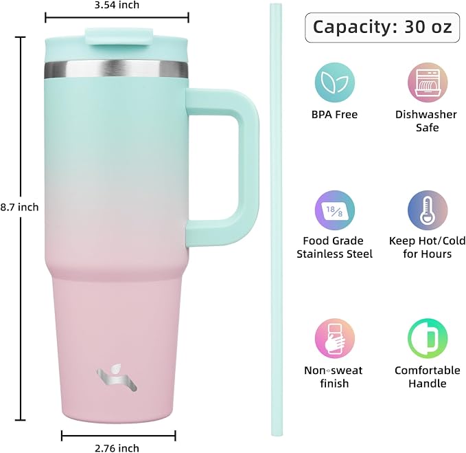 30 oz Tumbler with Handle and 2 Straws,2 in 1 Lid Insulated Water Bottle Stainless Steel Travel Coffee Mug,Gum - Image 4