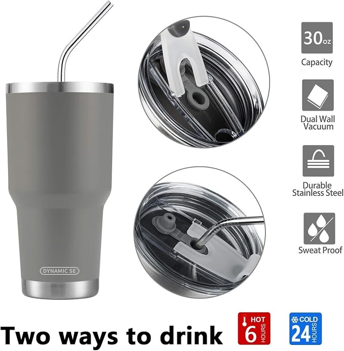 D·S 30oz Grey Tumbler Stainless Steel Insulated Travel Mug with Straw Lid Cleaning Brush (30oz Grey) - Image 4