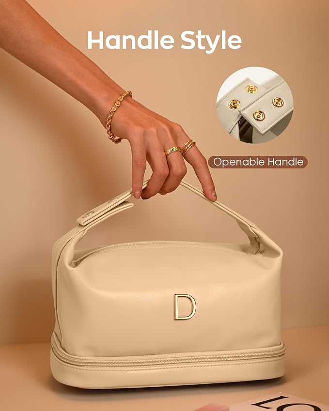 Makeup Bag with Handle, Waterproof Double Layer Cosmetic Bag, Large Capacity PU - Image 3