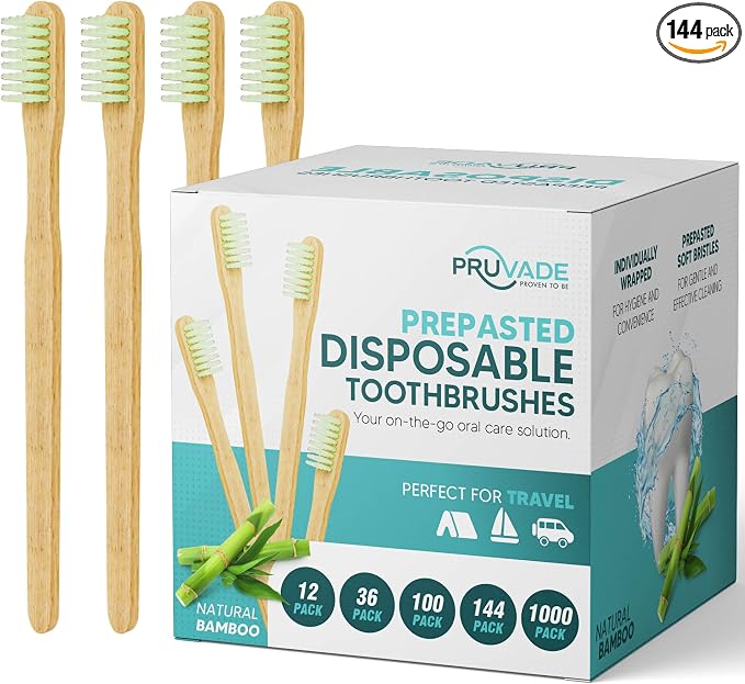 144 Pack Disposable Bamboo Toothbrushes by PRUVADE