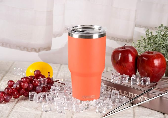 D·S 30oz Orange Tumbler Stainless Steel Insulated Travel Mug with Straw Lid Cleaning Brush (30oz Orange) - Image 5