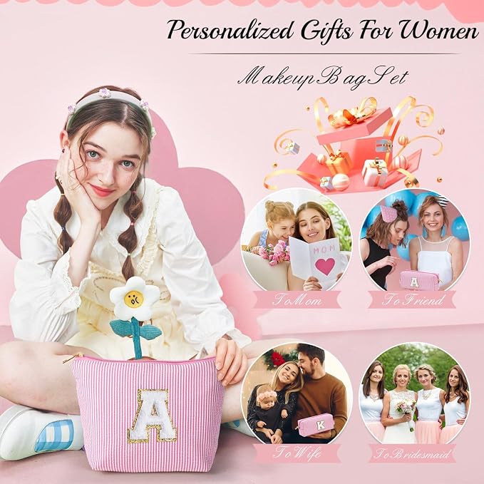 YOOLIFE Cute Pink Initial Make Up Bag Travelling, Personalized Makeup Bag - Image 3