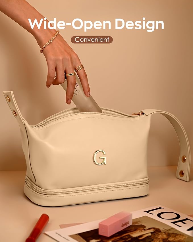 Makeup Bag with Handle, Waterproof Double Layer Cosmetic Bag, Large Capacity PU - Image 4