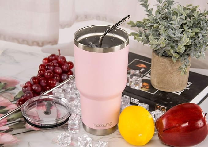 D·S 30oz Sakura Pink Tumbler Stainless Steel Double Wall Vacuum Insulated Mug with Straw and Lid, Cleaning Brush for Cold and Hot Beverages - Image 2
