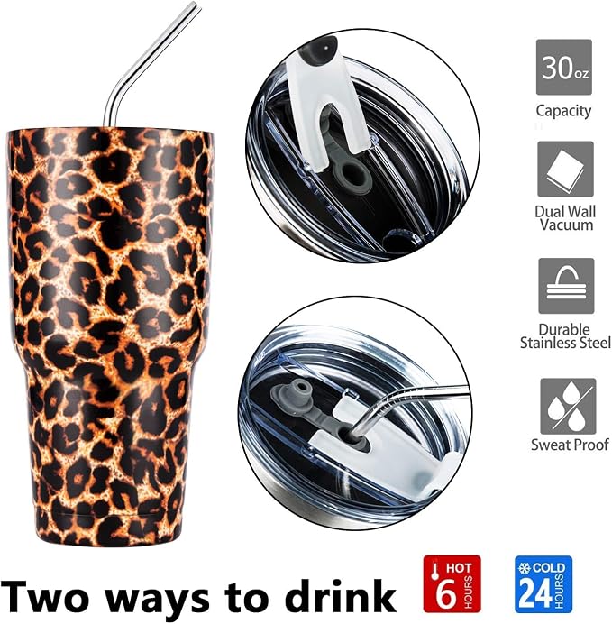 30oz Leopard Tumbler Stainless Steel Insulated Travel Mug with Straw Lid Cleaning Brush (30 oz Leopard), 1 Count (Pack of 1) - Image 3