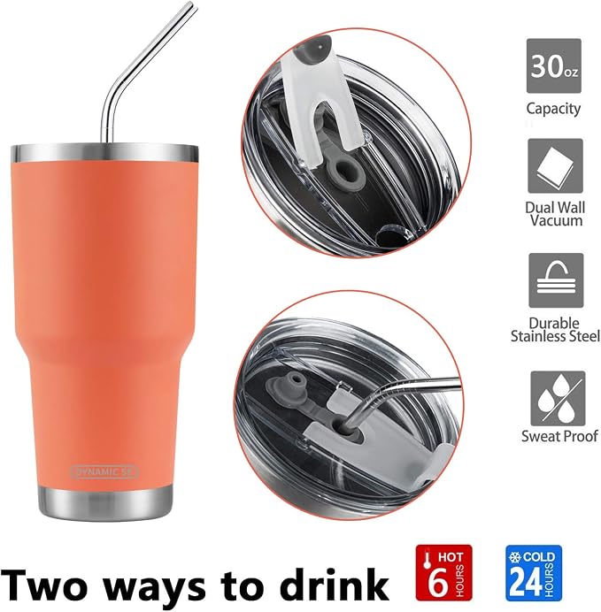 D·S 30oz Orange Tumbler Stainless Steel Insulated Travel Mug with Straw Lid Cleaning Brush (30oz Orange) - Image 4