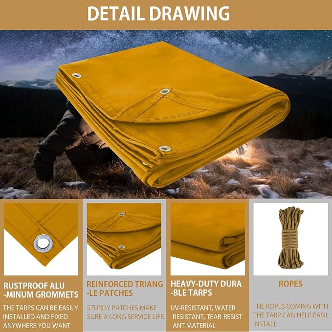FoundGo 20x30ft Canvas Tarp 22 Mil Tarps 14 oz Canvas Tarpaulin Heavy Duty - Image 6