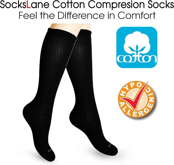 Cotton Compression Socks for Women & Men. 15-20 mmHg Support Knee-High Charcoal - Image 2
