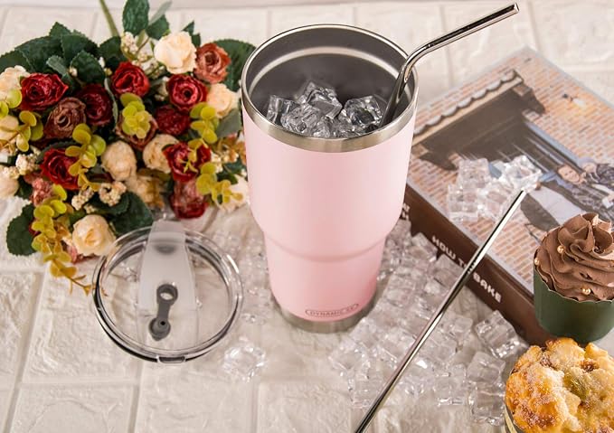 D·S 30oz Sakura Pink Tumbler Stainless Steel Double Wall Vacuum Insulated Mug with Straw and Lid, Cleaning Brush for Cold and Hot Beverages - Image 5