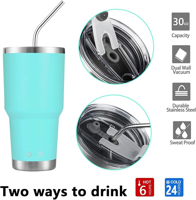 D·S 30oz Mint Tumbler Stainless Steel Double Wall Vacuum Insulated Mug with Straw and Lid, Cleaning Brush for Cold and Hot Beverages - Image 3
