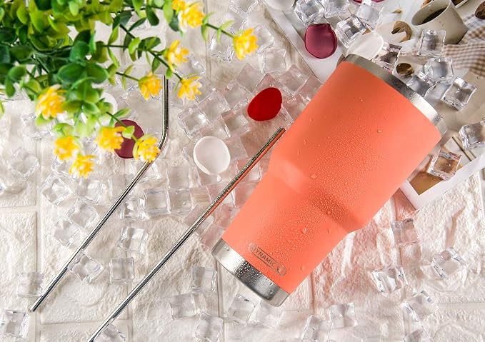 D·S 30oz Orange Tumbler Stainless Steel Insulated Travel Mug with Straw Lid Cleaning Brush (30oz Orange) - Image 2