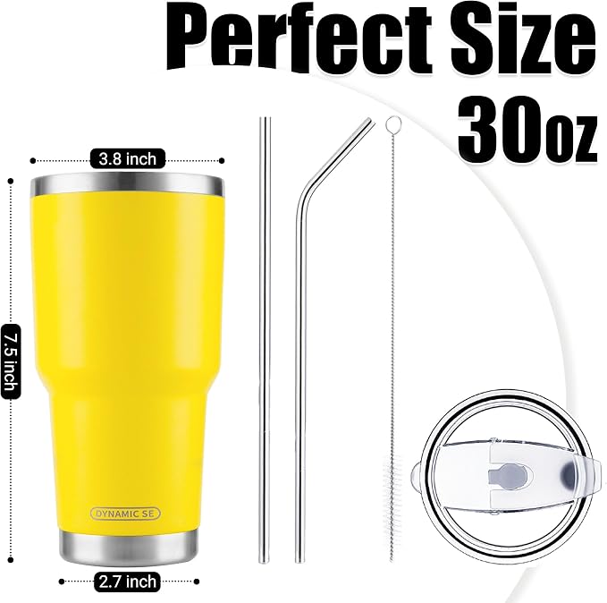 D·S 30oz Yellow Tumbler Stainless Steel Insulated Travel Mug with Straw Lid Cleaning Brush (30oz Yellow) - Image 2