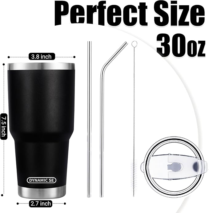 D·S 30 oz Black Tumbler Stainless Steel Double Wall Vacuum Insulated Mug with Straw and Lid, Cleaning Brush for Cold and Hot Beverages - Image 2