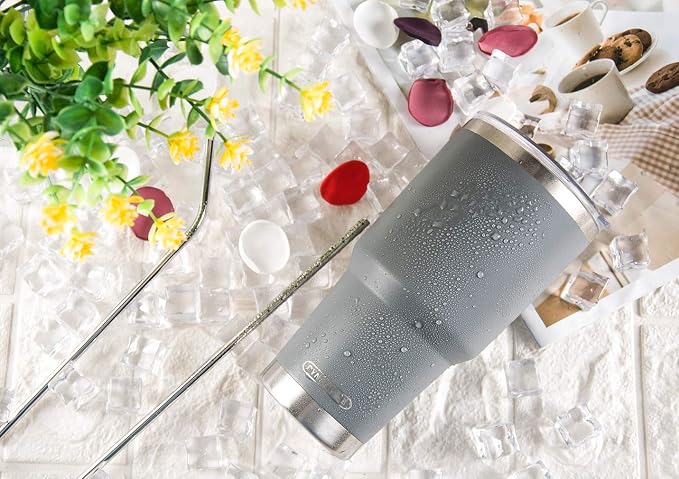 D·S 30oz Grey Tumbler Stainless Steel Insulated Travel Mug with Straw Lid Cleaning Brush (30oz Grey) - Image 2