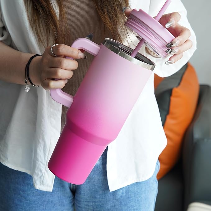 30 oz Tumbler with Handle and 2 Straws,2 in 1 Lid Insulated Water Bottle Stainless Steel Travel Coffee Mug,Cherry Blossoms - Image 5