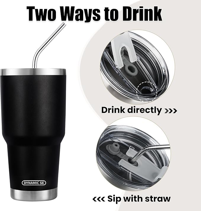 D·S 30 oz Black Tumbler Stainless Steel Double Wall Vacuum Insulated Mug with Straw and Lid, Cleaning Brush for Cold and Hot Beverages - Image 3