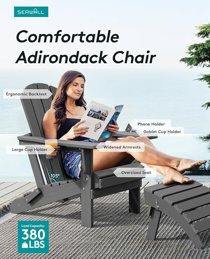 SERWALL Foldable Adirondack Chair Set of 4, HDPE Adirondack Chair - Image 3