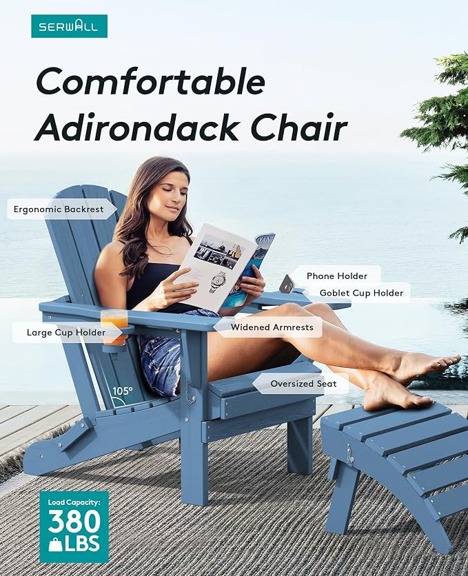 SERWALL Folding Adirondack Chair, HDPE Adirondack Chairs, Plastic Outdoor - Image 4