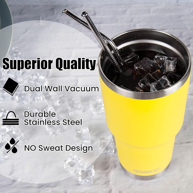 D·S 30oz Yellow Tumbler Stainless Steel Insulated Travel Mug with Straw Lid Cleaning Brush (30oz Yellow) - Image 5