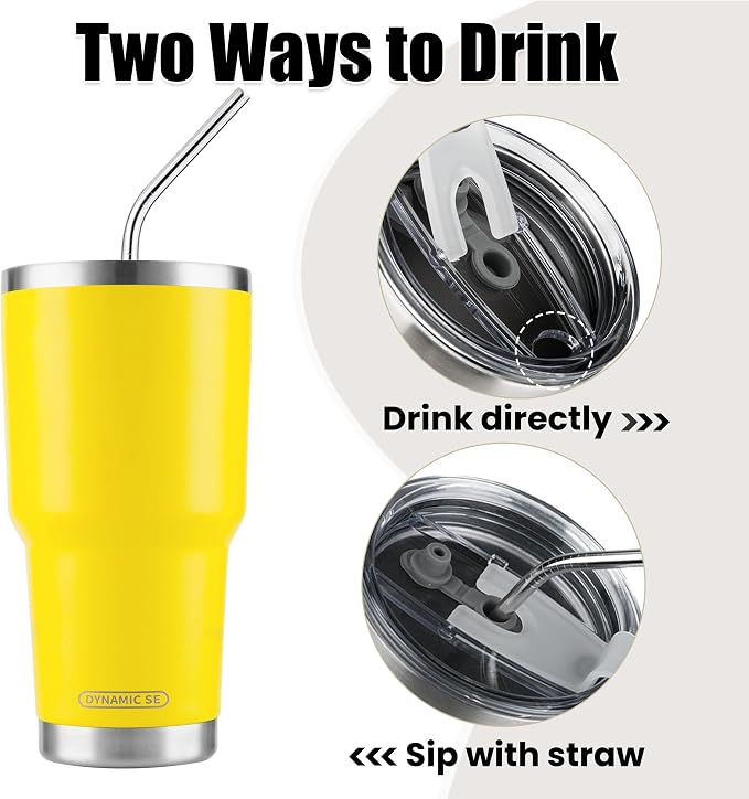 D·S 30oz Yellow Tumbler Stainless Steel Insulated Travel Mug with Straw Lid Cleaning Brush (30oz Yellow) - Image 3