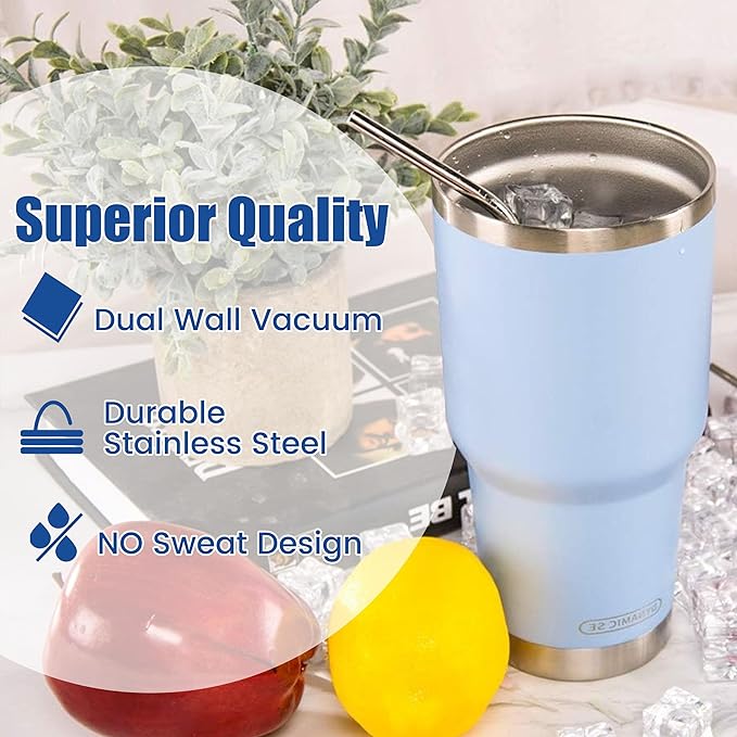 D·S 30oz Blue Tumbler Stainless Steel Double Wall Vacuum Insulated Mug with Straw and Lid, Cleaning Brush for Cold and Hot Beverages - Image 6